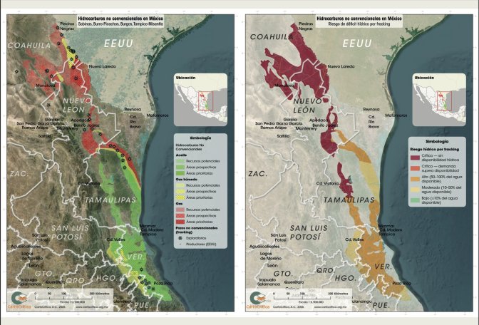 Mapa con las tres regiones de México donde existen pozos de fracking que buscan expandirse